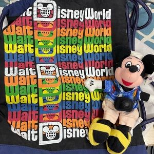 WDW canvas cinch back pack and Mickey plush